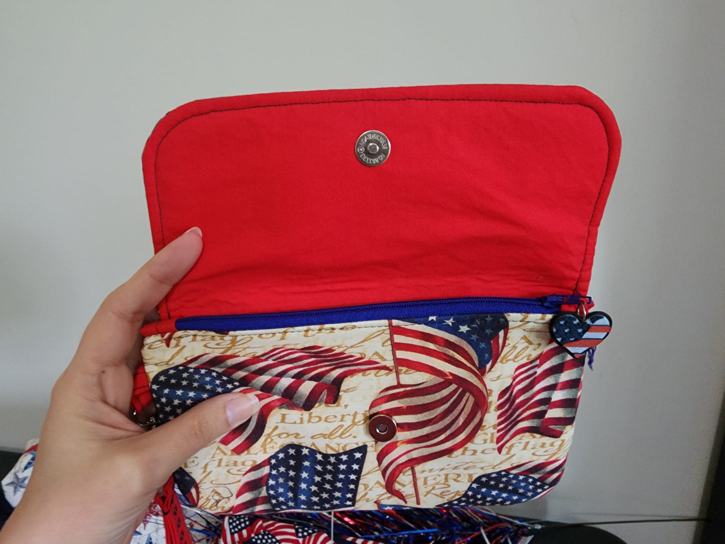Handmade Sewn Patriotic 8.5 x 5.5 Wristlet Clutch
