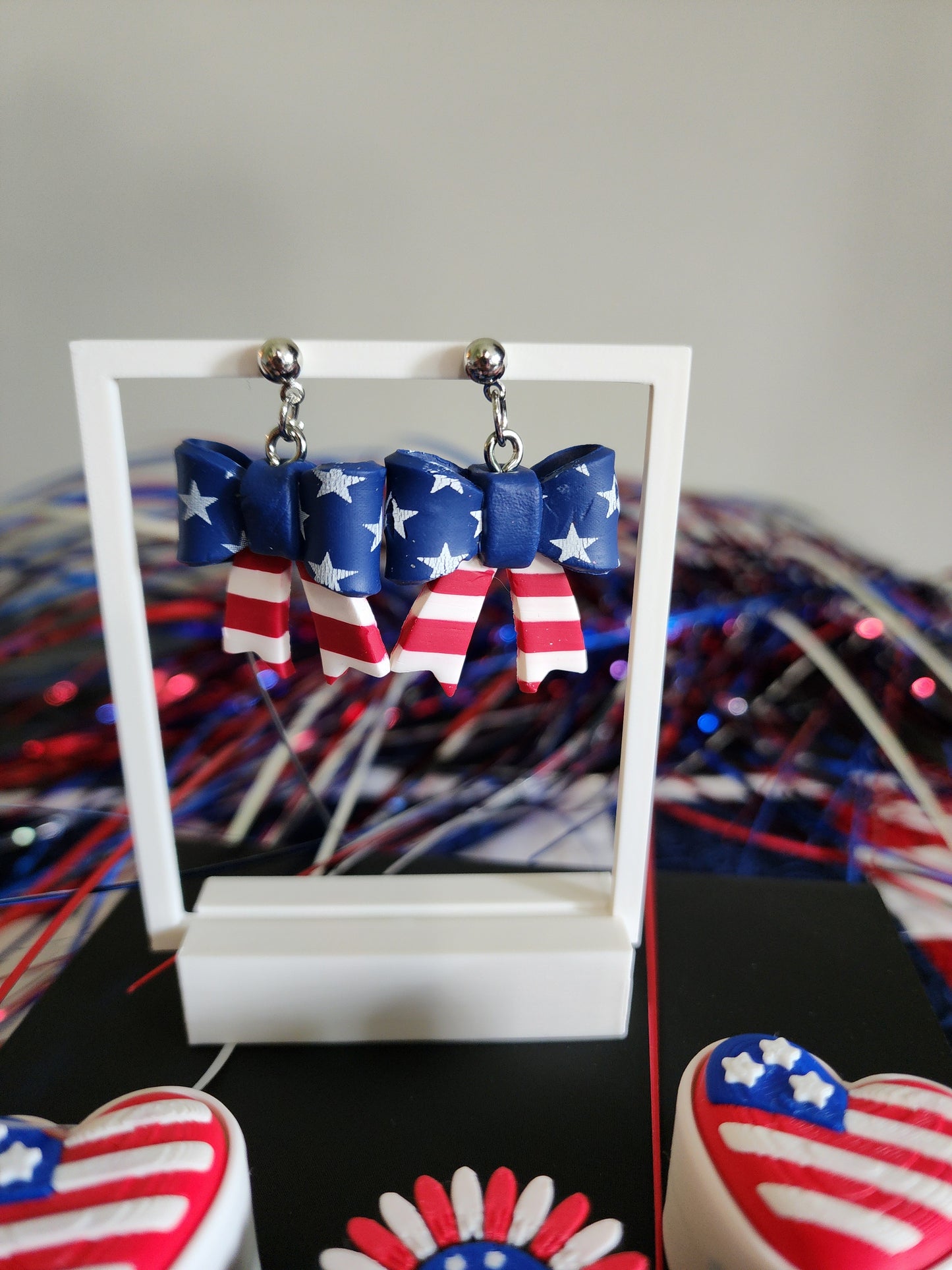 Handmade Clay Patriotic Bow Earrings