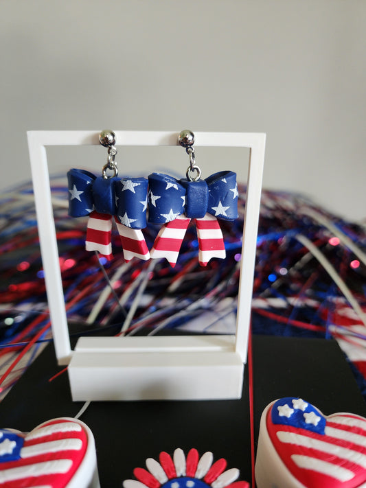 Handmade Clay Patriotic Bow Earrings