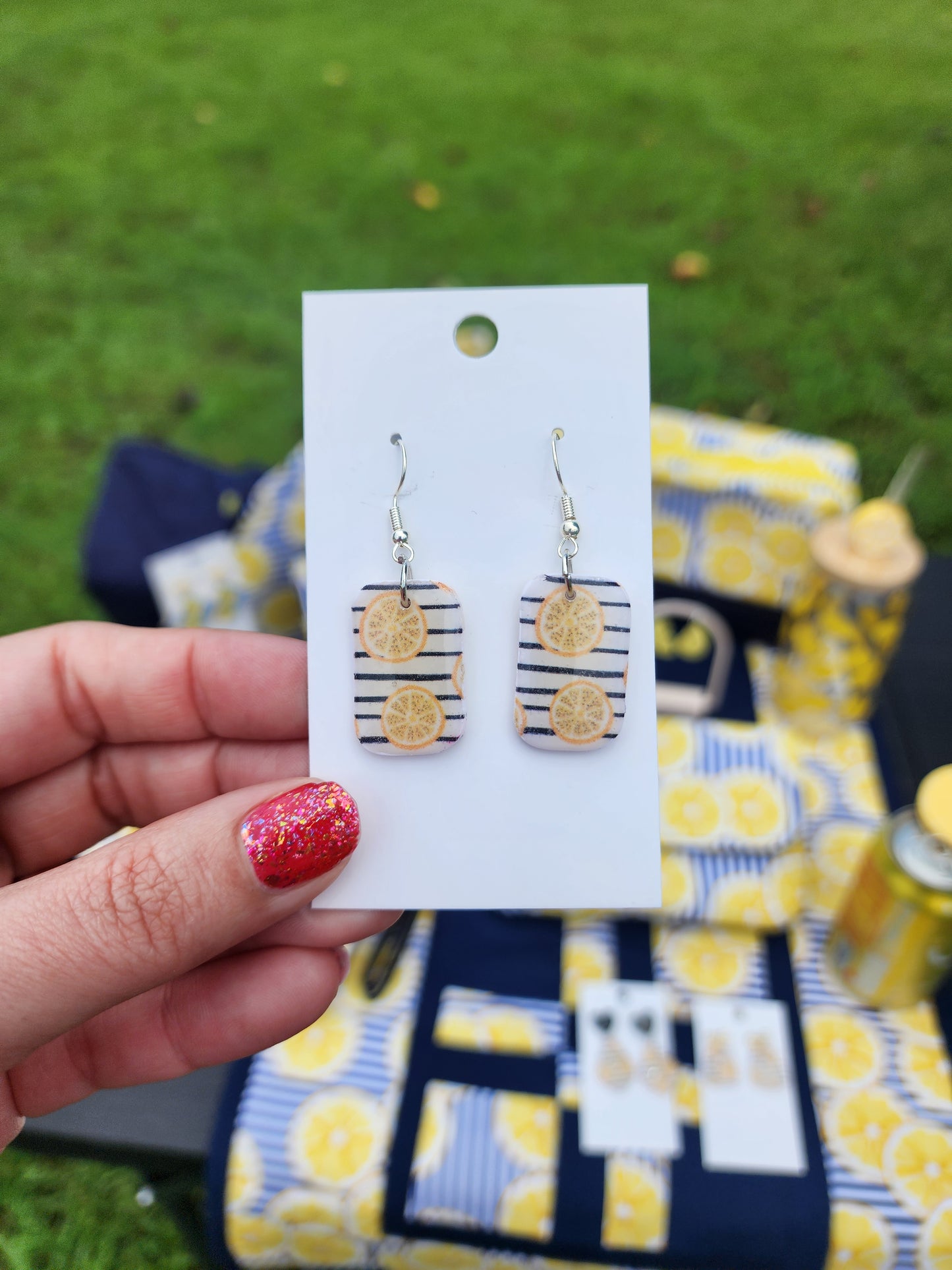 Lemon Stripe Polymer Clay Earrings with Silver Fish Hooks