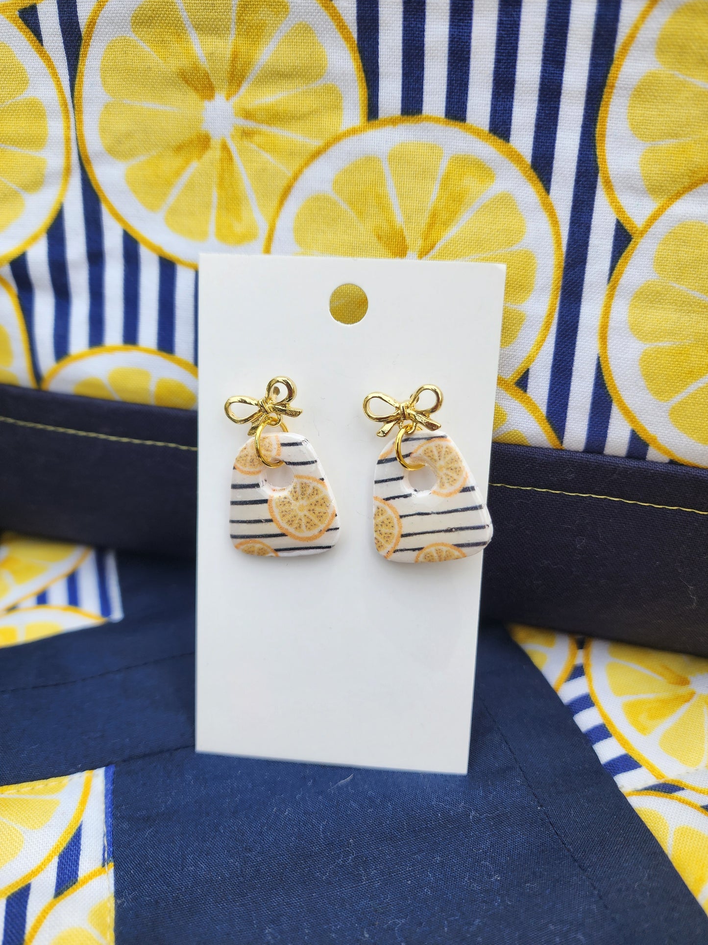 Lemon Stripe Polymer Clay Earrings with Gold Bow Studs