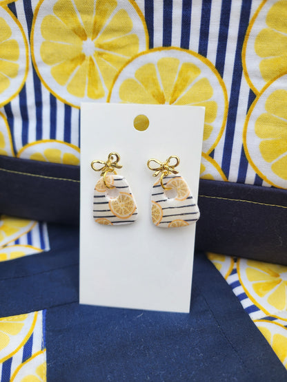 Lemon Stripe Polymer Clay Earrings with Gold Bow Studs