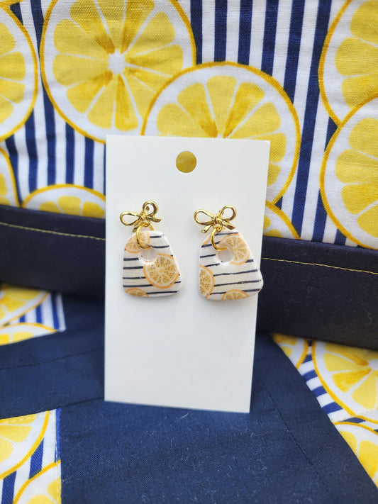 Lemon Stripe Polymer Clay Earrings with Gold Bow Studs