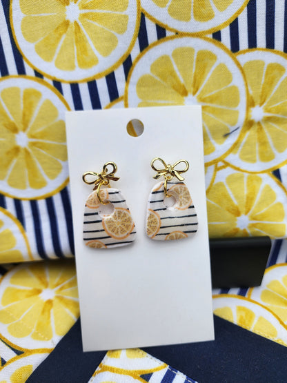 Lemon Stripe Polymer Clay Earrings with Gold Bow Studs