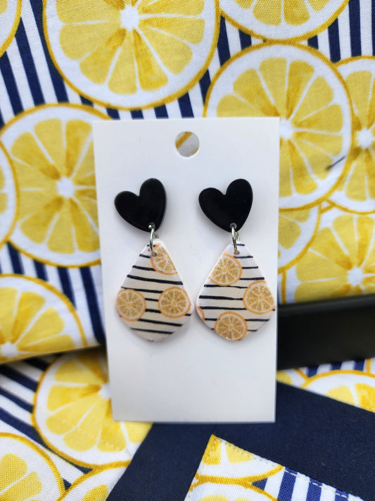 Lemon Stripe Polymer Clay Earrings with Black Heart Studs