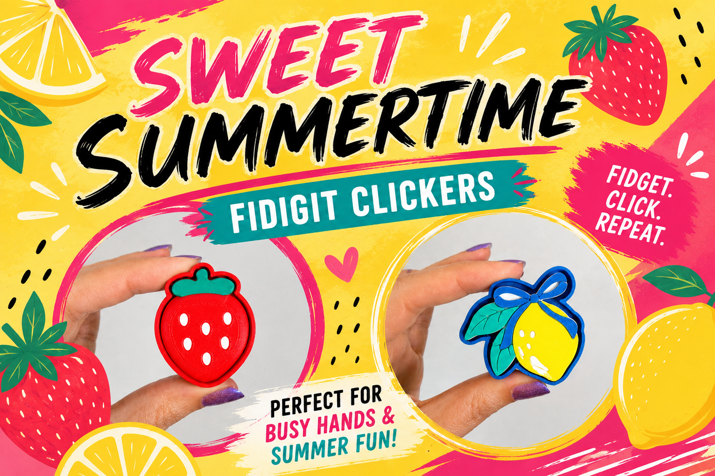 3D Printed Fidget Clickers | Strawberry & Lemon Summer Clickers