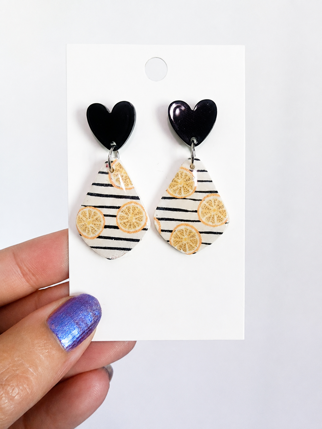 Lemon Stripe Polymer Clay Earrings with Black Heart Studs