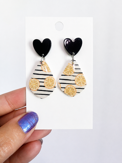 Lemon Stripe Polymer Clay Earrings with Black Heart Studs